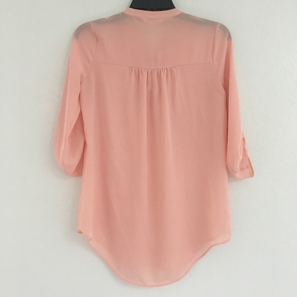Decree Sheer Peach Criss Cross Tie Neck 3/4 Sleeve - Picture 5 of 5